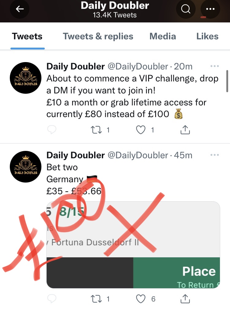 TheTipsterGuide's tweet photo. Stop giving @DailyDoubler the time of day!

He’s down -£100 already today
He’s lost -£950 the last week
He’s down -£585 in March
He’s lost 122/125 challenges
He’s down -£6,800 since august 

There is no research (over 2.5 fhg / o4.5mg etc

You WILL LOSE £!!! https://t.co/m6SCFXyAbQ