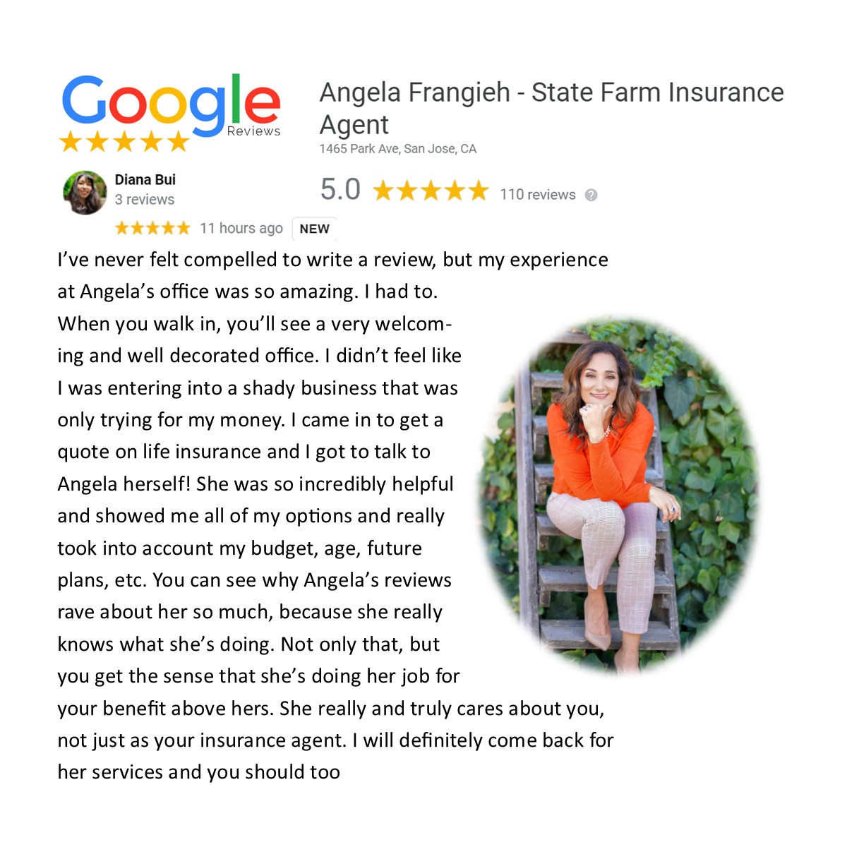 sfagentangela's tweet photo. Thank you so much Diana for the great review! I enjoyed helping you set up your life insurance so much! We look forward to working you for years to come! 

Our mission is to not only protect what you love, but who you love. 

#weshowup #goodneighbor #lifeinsurance https://t.co/oTdMDlYlfu