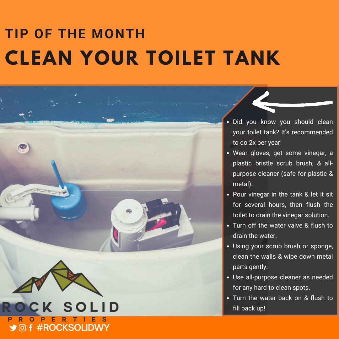 rocksolidwy's tweet image. Do you clean your toilet 🚽 tank? It is recommended to clean it 2x per year! Here is our tip of the month on how to clean this forgotten place to clean! #tipofthemonth #rocksolidtip #toilets #cleaning #springcleaning