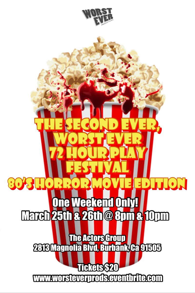 Andy1701's tweet photo. ****WE OPEN TONIGHT!!!****
We open tonight and tickets are selling fast for #TheSecondEverWorstEver72HourPlayFestival #1980s #HorrorMovie Edition! Seating is limited, so don’t wait to the last minute! https://t.co/vewbSoRCXq #WorstEverProds #Theatre #LiveTheatre #Comedy #Horror https://t.co/9EFnfSihAv