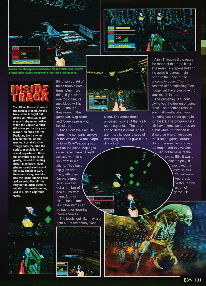 avpgalaxy's tweet photo. It's retro magazine time! Back in December 1995 Electronic Gaming Monthly took an early look at Alien Trilogy! #Alien #Aliens #Alien3 #AlienTrilogy #RetroGaming #Xenomorph #XenomorphXX121 #ElectronicGamingMonthly #ProbeEntertainment https://t.co/rDNor8WFO5