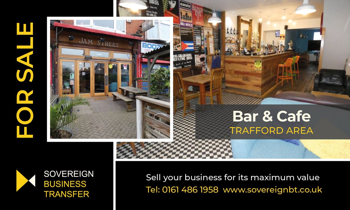 Bar &amp; café for sale located on a prominent road and well known to the local community. The bar and lounge area together with the extensive outside seating create a lively social environment. More info 👉 sovereignbt.co.uk/business-for-s…

Interested? Call Sovereign on 0161 486 1958 👍