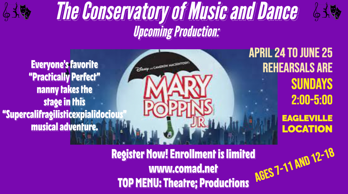 Students will love Performing in this extravagant Musical featuring "Supercalifragilistic", "Spoon Full of Sugar","Step In Time" and so many favorites. REGISTER NOW!  Limited space.
conta.cc/37QEVEK