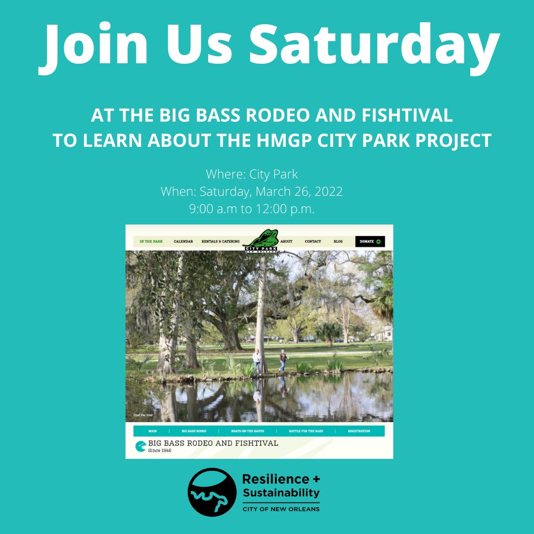 resilientNOLA's tweet photo. 🔔TOMORROW🔔
Join the @cityofnola and the #BattureLLC team to learn about the HMGP City Park project at the Big Bass 🎣 Fishing Rodeo and Fishtival, from 9 a.m. to 12 p.m.
See 2nd 📸 for festival set-up❗️
#HMGP #LivingWithWater #ReduceFlooding @mayorcantrell @roadworknola https://t.co/COerDTIFcn