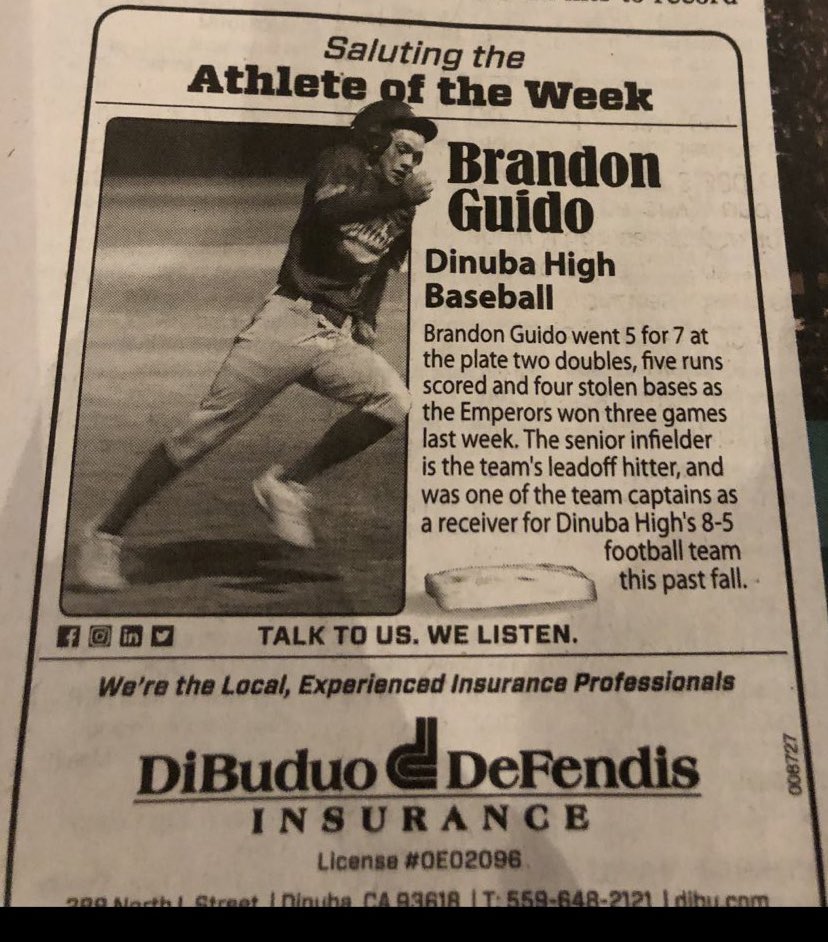 DinubaBaseball's tweet photo. Congratulations to Brandon Guido for be honored as the Athlete of the Week in the Mid Valley Times! https://t.co/3XScQziGlt