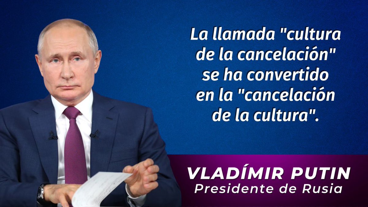 💬 Presidente Vladímir Putin: Hoy tratan de suprimir todo un país milenario, nuestra gente. Me refiero a la discriminación de todo lo relacionado con Rusia.

☝️ La llamada "cultura de la cancelación" se ha convertido en la "cancelación de la cultura".

🔗 is.gd/vicmsM