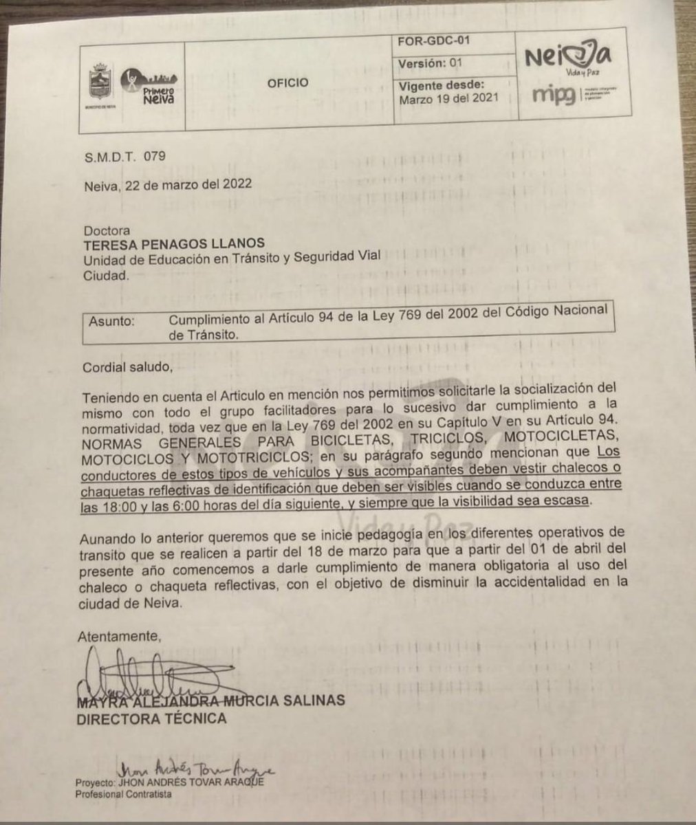 LAFM1150Neiva's tweet photo. A partir de este 1 de abril en la ciudad de #Neiva se empezará a exigir de manera obligatoria el uso del #chalecos #reflectivos con el fin de disminuir la accidentalidad, en el horario de 6:00 p.m. a 6:00 a.m del día siguiente. https://t.co/71uDnQNkPk