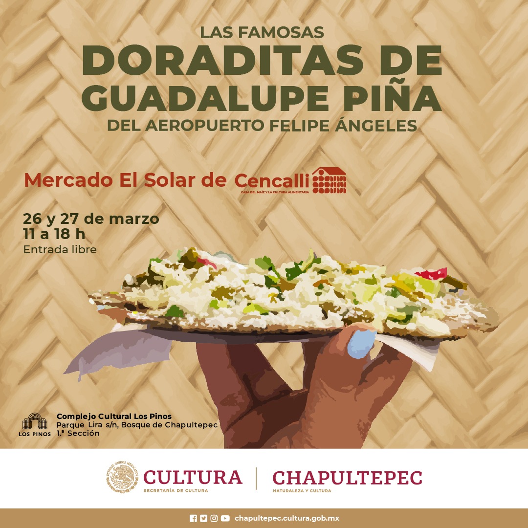 alefrausto's tweet photo. Lo que era impensable ahora es posible: ven por #tlayudas, doraditas, tlaxcales y lo mejor de la cocina popular mexicana al @CC_LosPinos. 
En @CC_Alimentaria probarás los exquisitos platillos preparados por Doña Lupita que llegan desde el @aifa_aeropuerto ✈️ 

#CulturaAlimentaria https://t.co/Yf3bo1wQZc