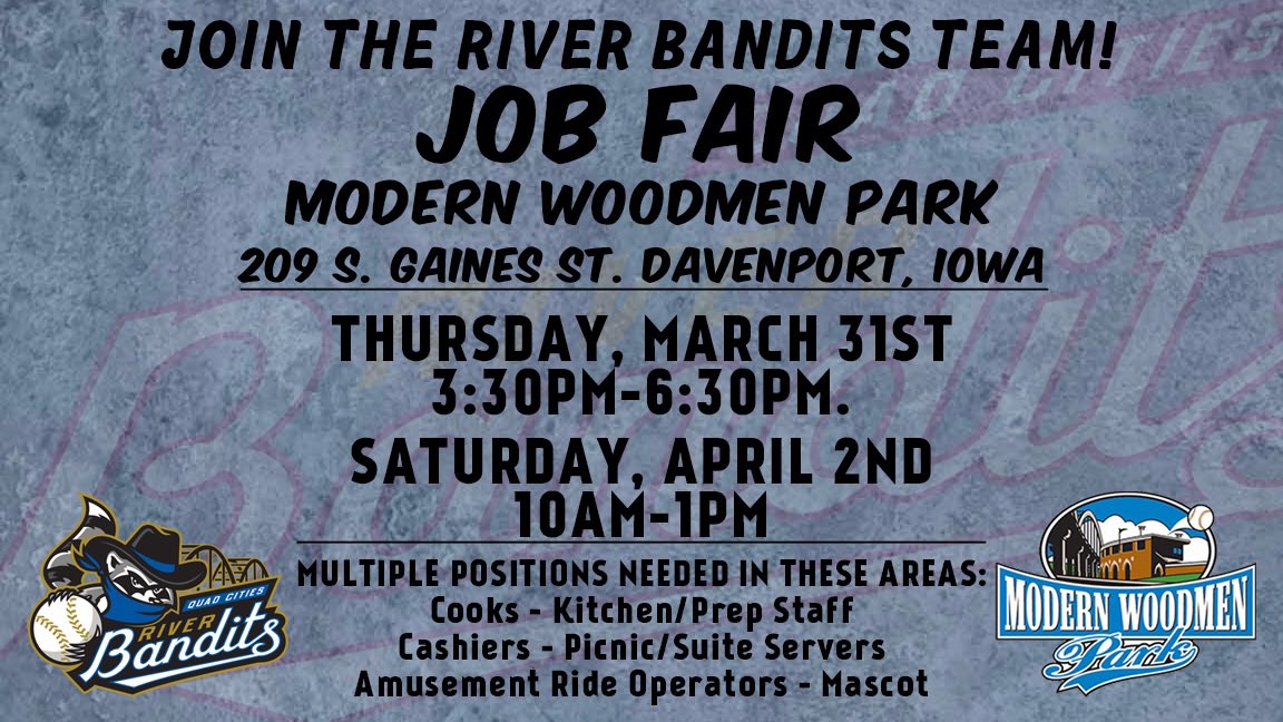 QCRiverBandits's tweet photo. WE’RE HIRING! 🚨

Fill out an online application and/or join us at one of our upcoming job fairs! ⬇️

🔗: https://t.co/khkqTdpRKD https://t.co/RQNH1GIcdF