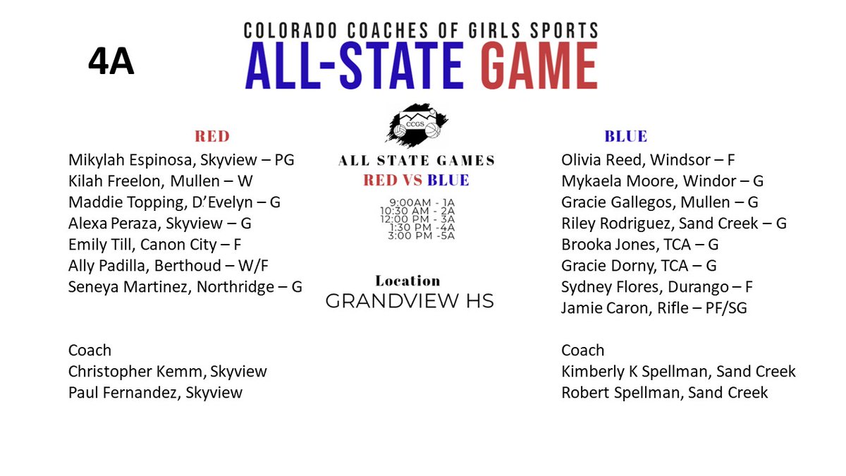 Congratulations to our 4A <a href="/colocgs/">Colorado Coaches of Girls Sports #CCGS</a> All State Team - Game time 1:30 PM, <a href="/Grandview_HS/">GrandviewHS</a>, Sunday March 27th

<a href="/coloradopreps/">Colorado Preps</a> <a href="/CHSAANow/">CHSAANow</a> <a href="/PGHColorado/">Prep Girls Hoops Colorado</a> <a href="/girlsbballco/">GIRLS BASKETBALL COLORADO</a> <a href="/9Preps/">9NEWS Prep Sports</a> <a href="/tmwardco/">Terri Ward</a>