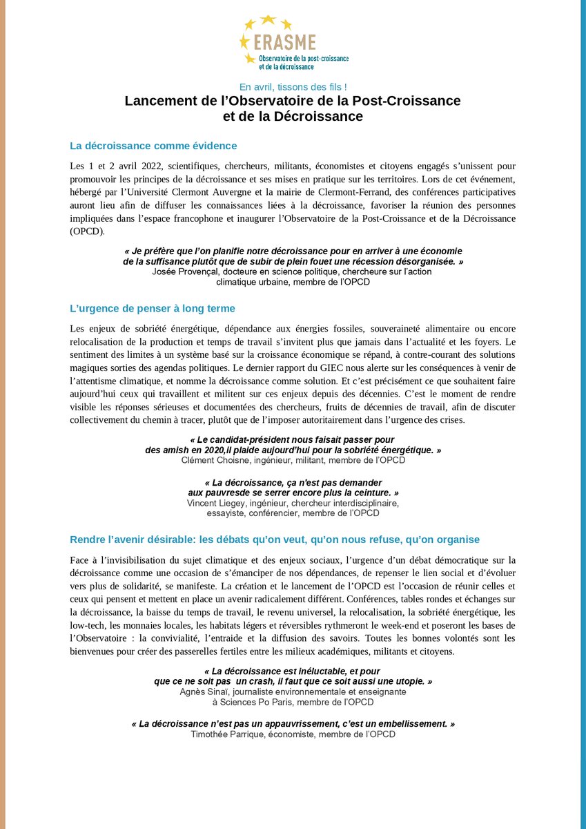 📢Lancement de l' <a href="/erasme_opcd/">OPCD</a> Les 1 &amp; 2 avril 2022, scientifiques, chercheurs, militants, économistes &amp; citoyens engagés s’unissent pour promouvoir les principes de la #décroissance &amp; ses mises en pratique sur les territoires. #Inscription --> docs.google.com/forms/d/e/1FAI… 1/2