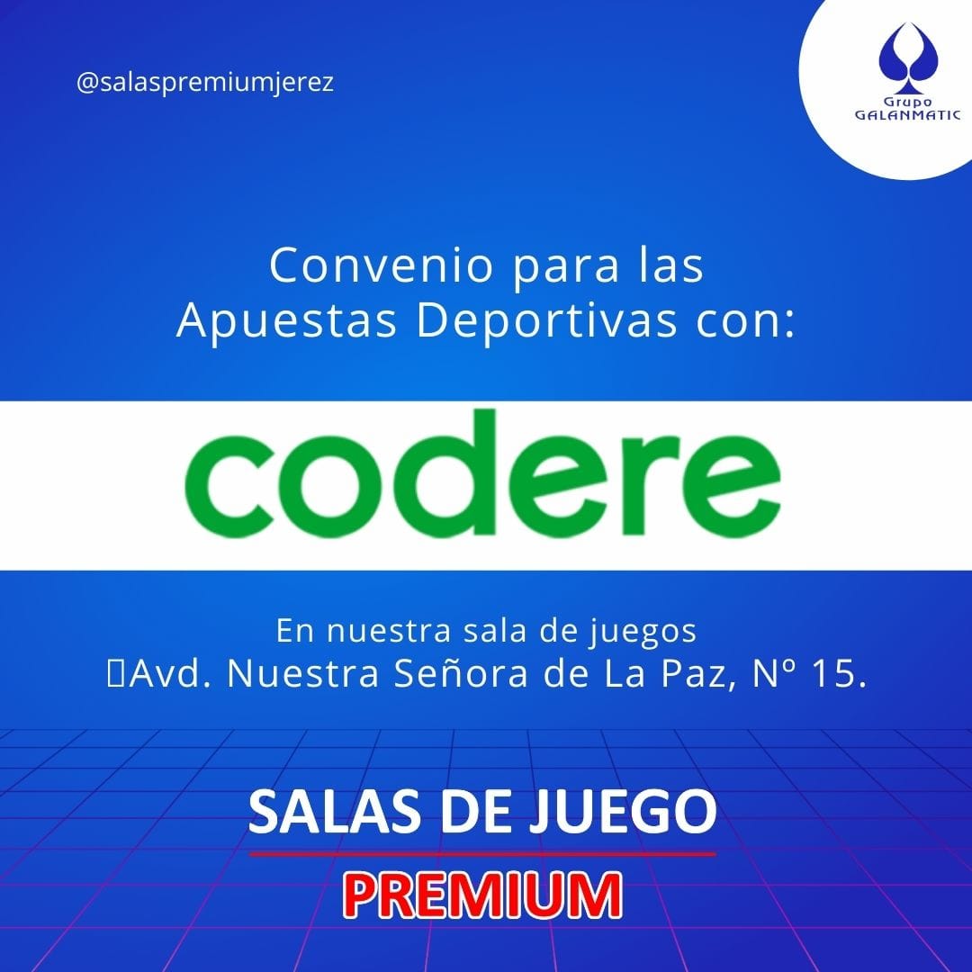 📢 Noticia | @grupogalanmatic llega a un acuerdo para que <a href="/codereapuestas/">Codere Apuestas</a> sea la casa de apuestas en nuestra sala 

📍Avd. Nuestra Señora de La Paz, Nº 15
 #saladejuego  #suerte #casino   #jerezdelafrontera #apuestasdeportivas #apuestasfutbol #codere #salaspremiumjerez