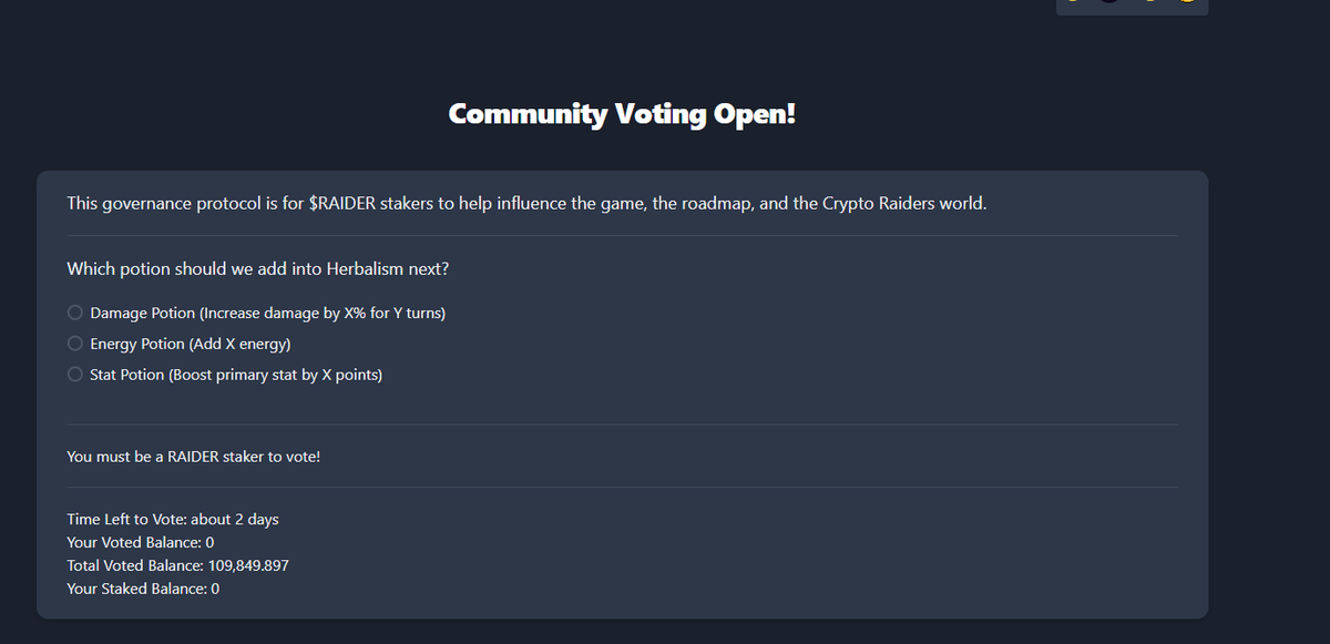 crypto_raiders's tweet photo. We are very excited to announce the launch of the $RAIDER governance protocol! 

This will give community members staking $RAIDER tokens the opportunity to influence the roadmap, lore, and game. 

This voting mechanism just launched this morning on https://t.co/ZAmkDYpLXZ! https://t.co/JgV2iXdpAm