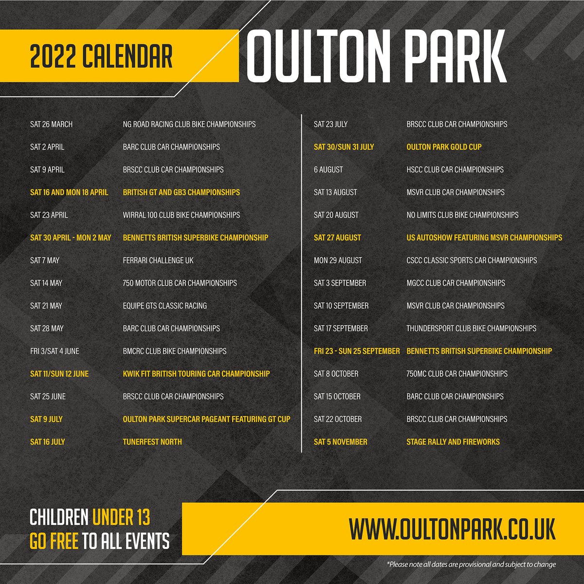Oulton_Park's tweet image. In case you missed it before, here's a complete list of our 2022 race meetings at Oulton Park.

For full event details and to book tickets head to oultonpark.co.uk. Remember under 13s always go free!