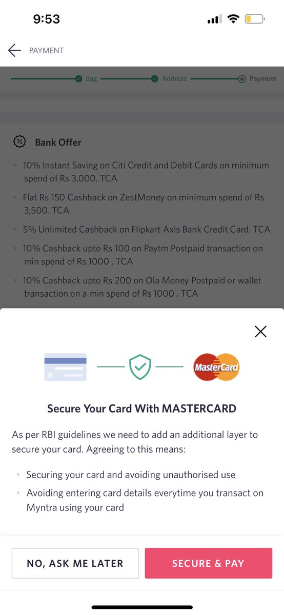 R_Diaries's tweet photo. @myntra Hey, Trying to avail the discount on my Citi credit card but it doesn’t allow me to go beyond this step 😬😬😬
Please help. https://t.co/5Zm8Utl5LE
