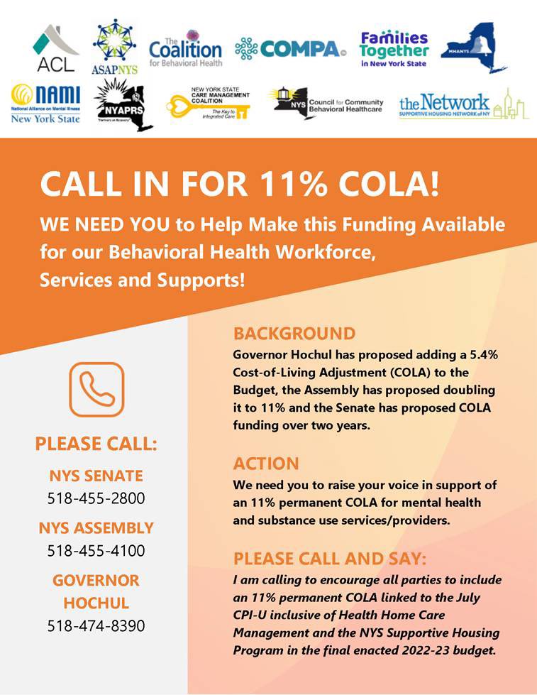 theNetworkNY's tweet photo. Urge NYS Legislators to include a permanent 11% COLA for New York's Behavioral Health workforce - inclusive of NYSSHP - in the final budget! #FundBehavioralHealth https://t.co/WQXw4M3Ijr