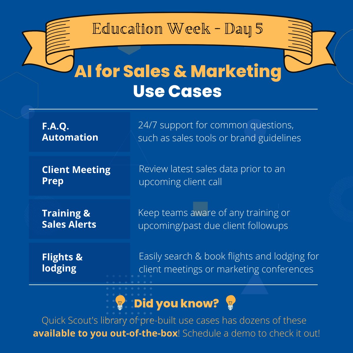 Hey Sales and Marketing experts!

Welcome to the last day of "Education Week" where we’re covering how business leaders can use AI chatbots to improve the employee experience within Sales &amp; Marketing. Here are 4 potential use cases, can you think of anymore? 

#educationweek #AI