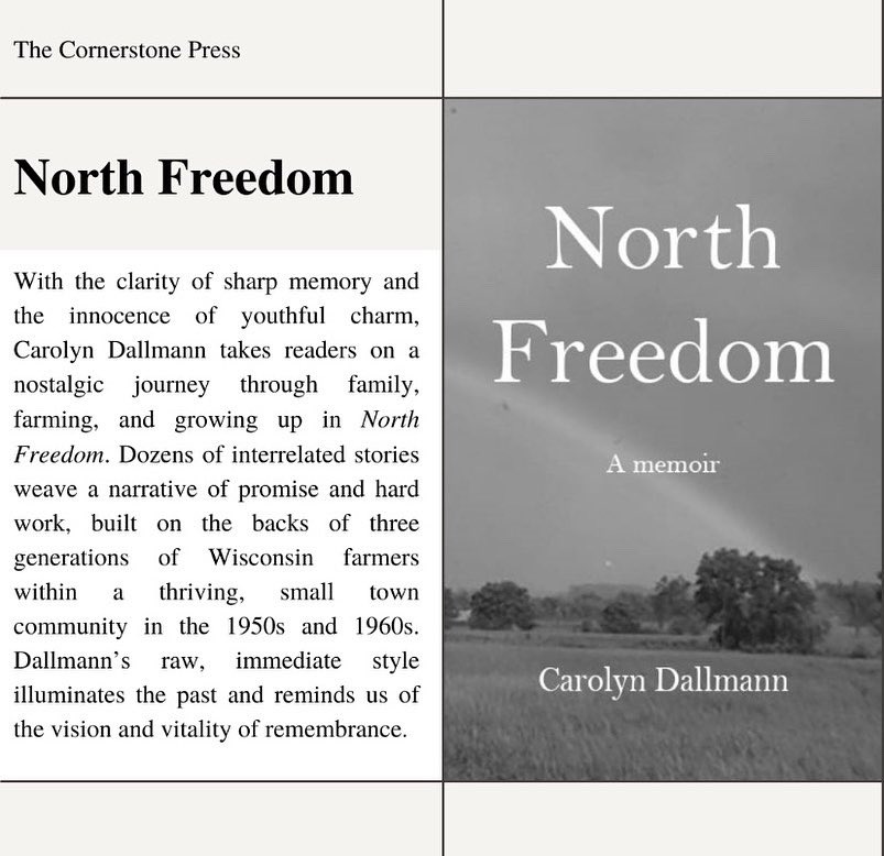 CornerstoneUWSP's tweet photo. Introducing North Freedom by Carolyn Dallmann! You can pre-order Carolyn’s memoir for 20% off until April 21st! 📚
🔗 Pre-order link: https://t.co/MFzAt1b4Z9
#northfreedom #cornerstonepress #writingcommunity #booktwt https://t.co/L1VJesHCN1