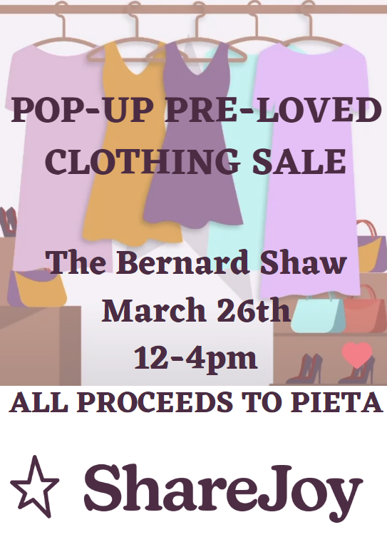 To mark the 25th birthday of Arwen Sullivan, the inspiration behind <a href="/ShareJoy_ie/">ShareJoy</a> , there will be a special pre-loved clothes sale in the <a href="/TheBernardShaw/">The Bernard Shaw</a> tomorrow from 12 to 4.

All items have been donated by Arwen's friends and are  €25 or less. 💛💜