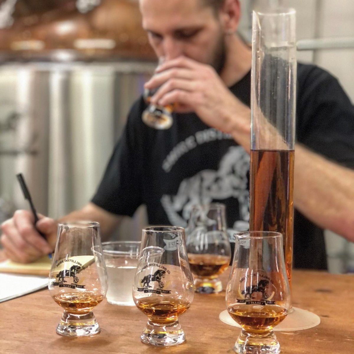 ShireDistilling's tweet photo. Before we bottle and sell our whiskey, we ensure each batch is up to par and meets our high standards. Try some for yourself -- you'll enjoy every sip. #ShireDistilling #TexasDistilleryTour #TexasWhiskeyTrail #WhiskeyWednesday #HoustonTX #KatyTX #Texas #CopperStill https://t.co/b6FT0LVLp0