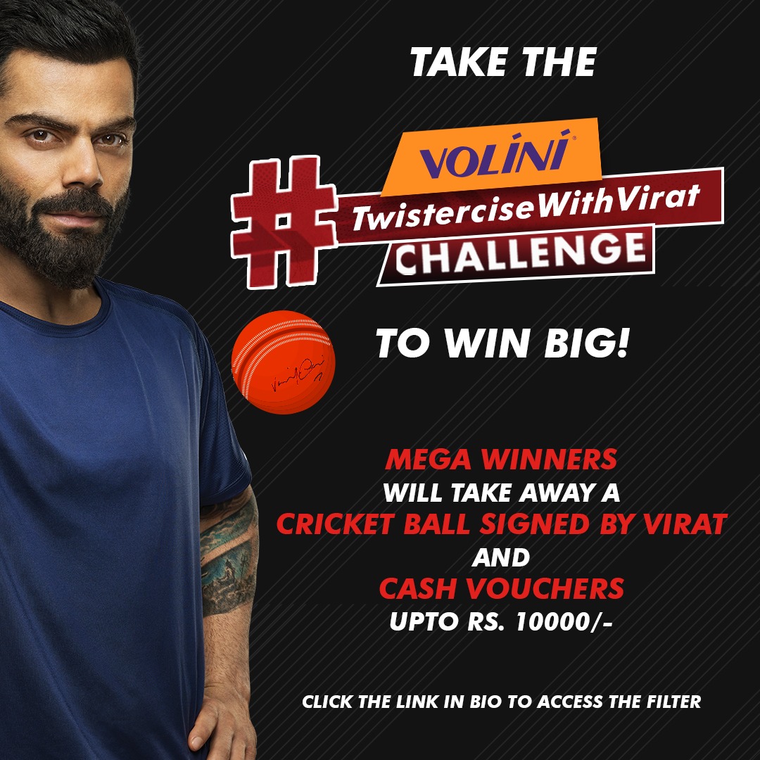 MyVolini's tweet photo. Get a chance to win a cricket ball personally signed by Virat along with cash vouchers worth Rs 10K. All you have to do is participate in the #TwisterciseWithVirat challenge today.

#ContestAlert #TwisterciseChallenge #NoTimeForPain #Volini https://t.co/vpqLQSrDcc