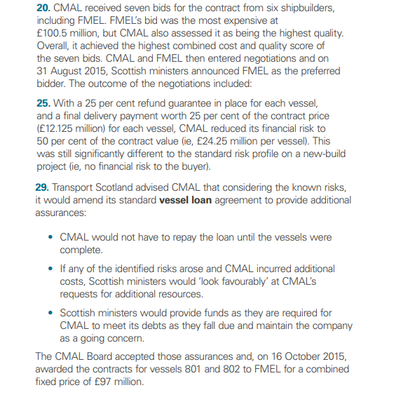This is from the Audit Scotland report into the Ferguson Ferry contract. It's a quite different picture from the one Glenn Campbell has been pushing. It shows *why* the Ferguson Yard was chosen and *why* CMAL's concerns were eventually assuaged.