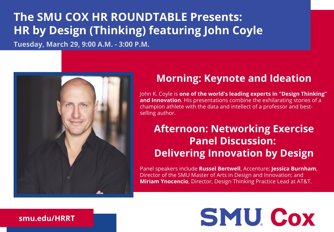 MarcusButts's tweet photo. I can’t wait for the upcoming Cox HR Roundtable on design thinking! @SMUCox @SMUCoxKnows 
Interested in learning more? https://t.co/Qmn06NAceE #HRthoughtleadership 
https://t.co/PwyNnKHOy3 https://t.co/2NXmUDTmwi