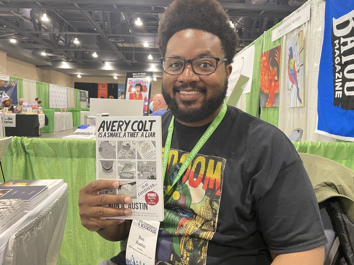 Hey, hey! We haven’t been tweeting at all through #AWP22 but <a href="/RonAAustin4/">Ron A. Austin</a> is here with us (booth 355), so come buy a copy of AVERY COLT IS A SNAKE, A THIEF, A LIAR, and I bet he’ll sign it for you!