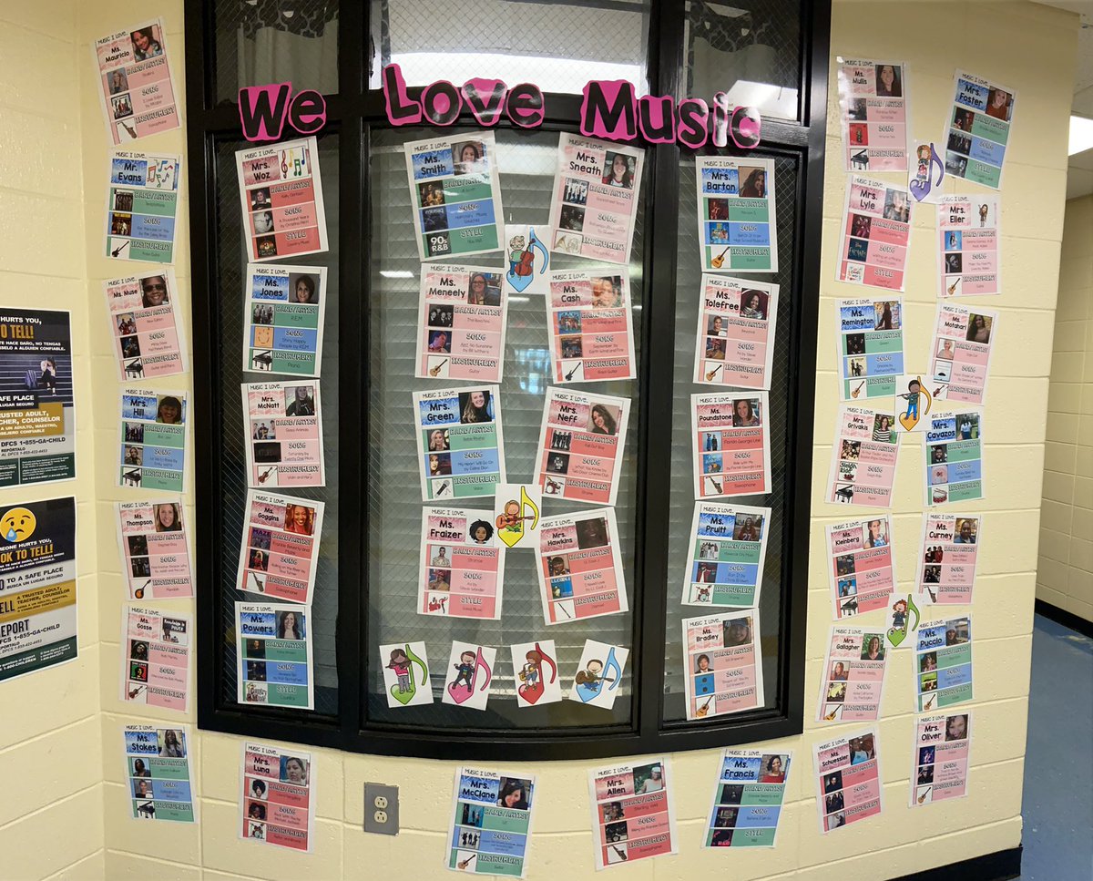 For music in our schools month the staff at <a href="/DunwoodySprings/">DunwoodySpringsElem</a> shared their favorite band/artist, song, and instrument for students to see. Thank you to <a href="/MakeMomentsMatt/">David Row</a> for the template. We have a music loving staff at DSES 🎹🎺 <a href="/koperniak/">Matt Koperniak</a> <a href="/FCS_DSES_CST/">Megan Meneely</a> @FCS_DSES_Prin #fcsmusic