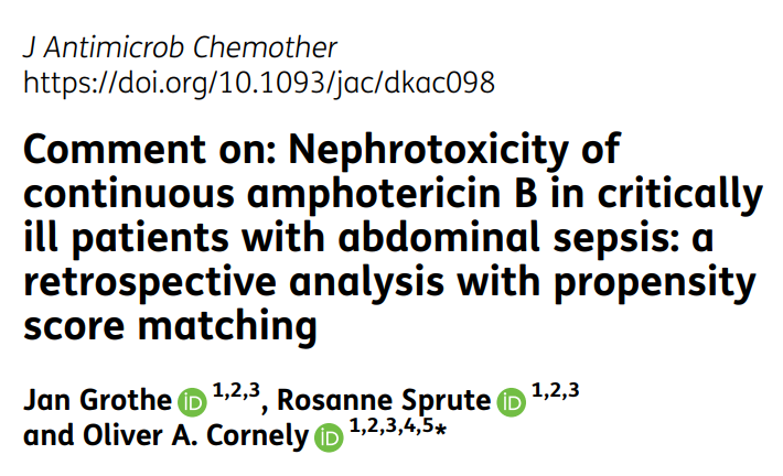 RosanneSprute's tweet photo. Continuous infusion of conventional Amphotericin B for the pre-emptive treatment of invasive fungal disease: Common practice or professional blunder?

Letter to the Editor in JAC @BSACandJAC
Full text link https://t.co/ysfChZaAGn

@JanHgrothe @CornelyOliver
#IDtwitter #medtwitter https://t.co/m44s9yEWiy