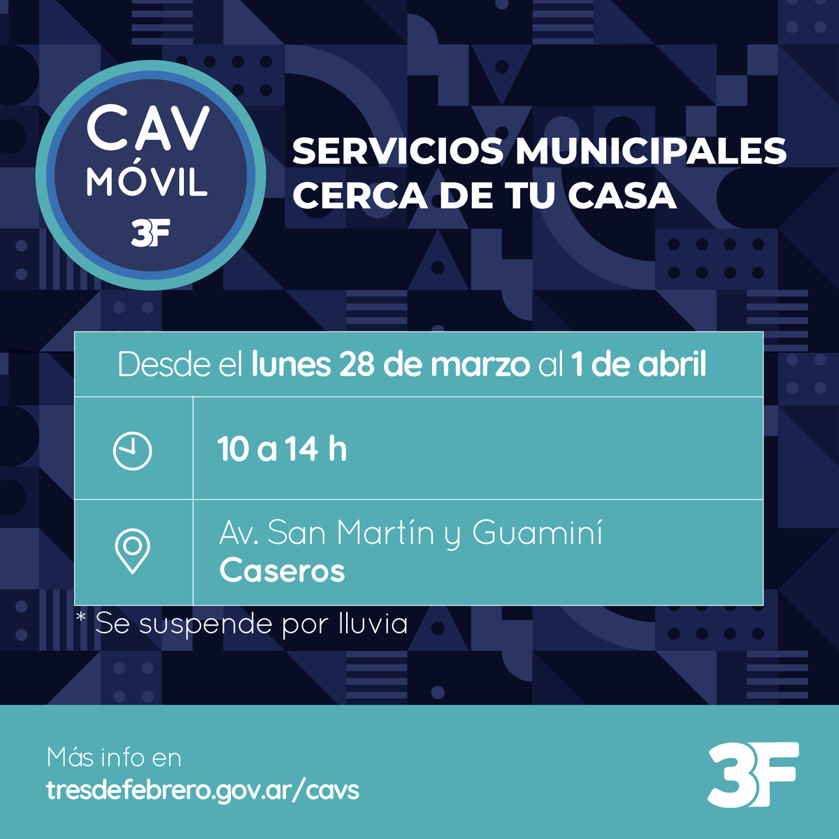 pcasna's tweet photo. Junto a vos 🙌
Queremos ofrecerte una mejor atención. Por eso, te compartimos el cronograma del #CAVMovil de esta semana, para que puedas hacer todos los trámites más rápido y cerca de tu casa.
@dievalen
📌 Av. San Martin y Guaminí, #Caseros
⏰ 10 a 14 hs. https://t.co/Z9tTCxAGpa