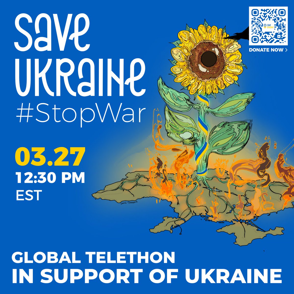 On March 27 at 12:30 PM, join millions worldwide for a two-hour Save Ukraine #StopWar telethon event to raise funds directly for the Ukrainian people.  Click the link in bio or scan the QR code to donate before, during or after the event. 🇺🇦#StopWarInUkraine #StandWithUkraine