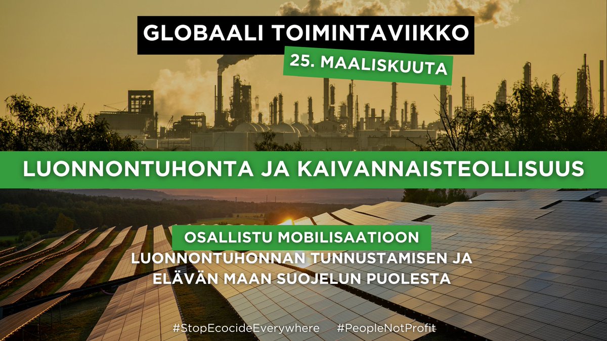 Jälleen kerran nuoret ovat kaduilla ilmastolakossa. Globaalin toimintaviikon viimeisenä päivänä #stopecocideeverywhere ilmaisee solidarisuutensa Fridays For Future -liikkeelle. 
#stopecocideeverywhere #fridaysforfuture #peoplenotprofit #soklierämaana #gállok #kaivoslakinyt #icc