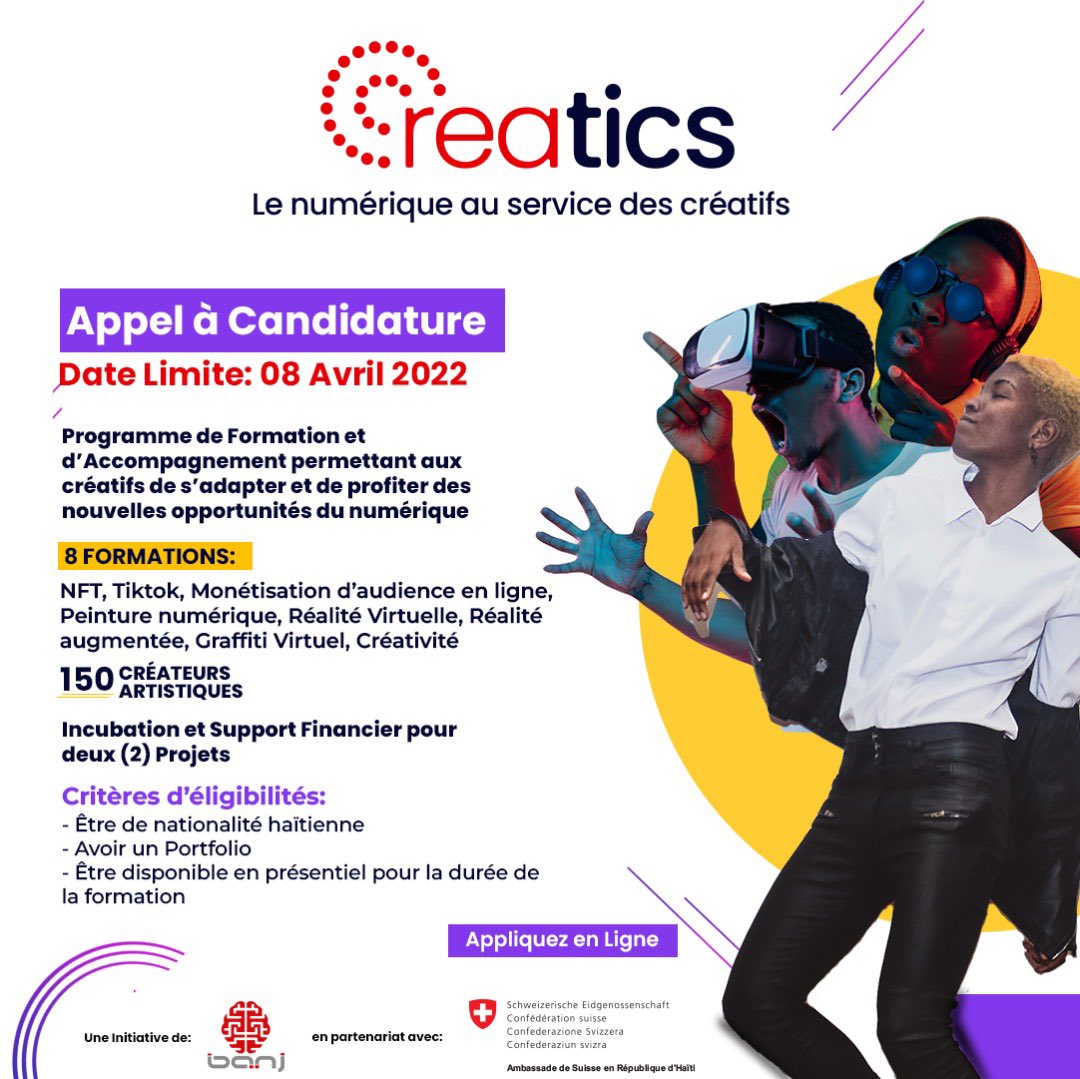 marcalainb's tweet photo. "Creatics" est officiellement lancé: Appliquez dès maintenant pour participer à ce Programme de Formation et d’Accompagnement pour les acteurs du secteur créatif dans le numérique. 

Cliquez ici pour appliquer avant le 08 Avril : https://t.co/TkDoh8sdlc https://t.co/vZ6tRGthRi