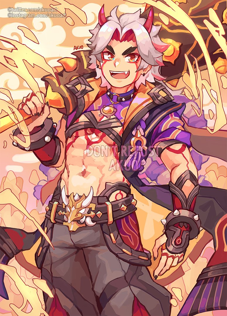 arataki itto 1boy male focus horns vision (genshin impact) spikes solo oni horns  illustration images