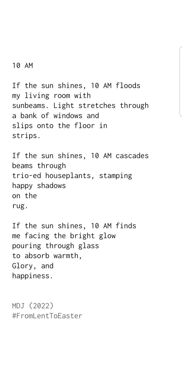 malindadjust's tweet photo. #FromLentToEaster
Prompt 11
A poem about a specific time.
I chose 10 AM because of how my living room looks when the sun shines ☀️ https://t.co/uydXpyoR9Y