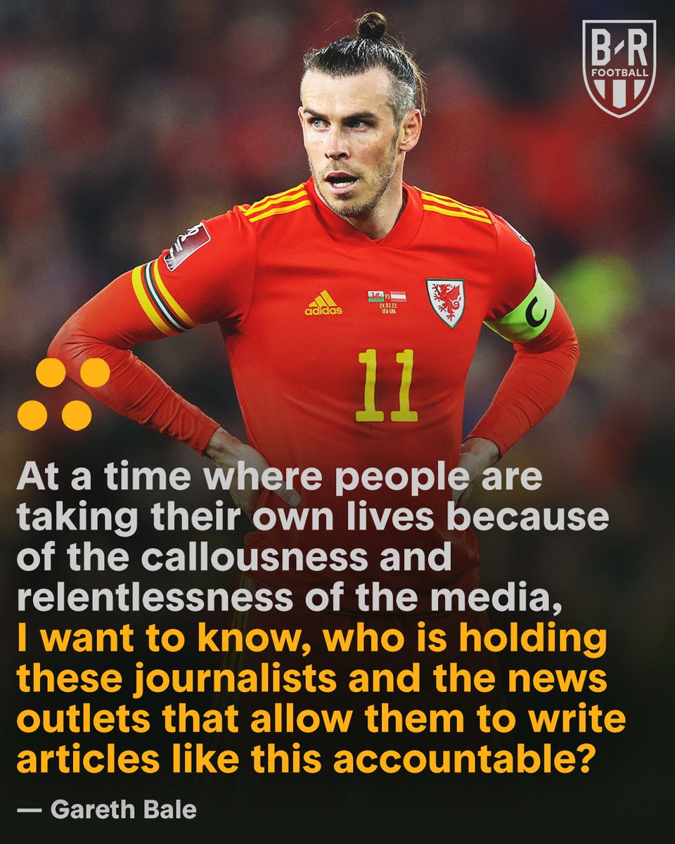 BleacherReport's tweet photo. After scoring twice for Wales in their World Cup qualifiers, Gareth Bale hit back against Spanish media's criticism of his performances with Real Madrid. 

The forward is calling for change. https://t.co/ETX11KxfKX