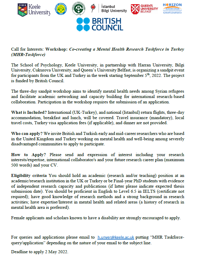 We are looking for colleagues to participate in our workshop to create Mental Health Research for Syrian Refugees as part of our British Council funded grant. Please do put in an application and help spread the word.