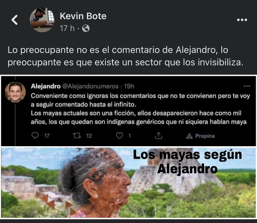 SuhariniCF's tweet photo. No supero que hay gente que de verdad cree que los Mayas ya no existen. Que alguien me explique qué es mi abuelita entonces. Btw, este tipo diciendo que ni cuando llegaron los españoles había mayas 🤣🤣 #neocolonialismo #neocolonialist #racismo https://t.co/EgqH3HSshk