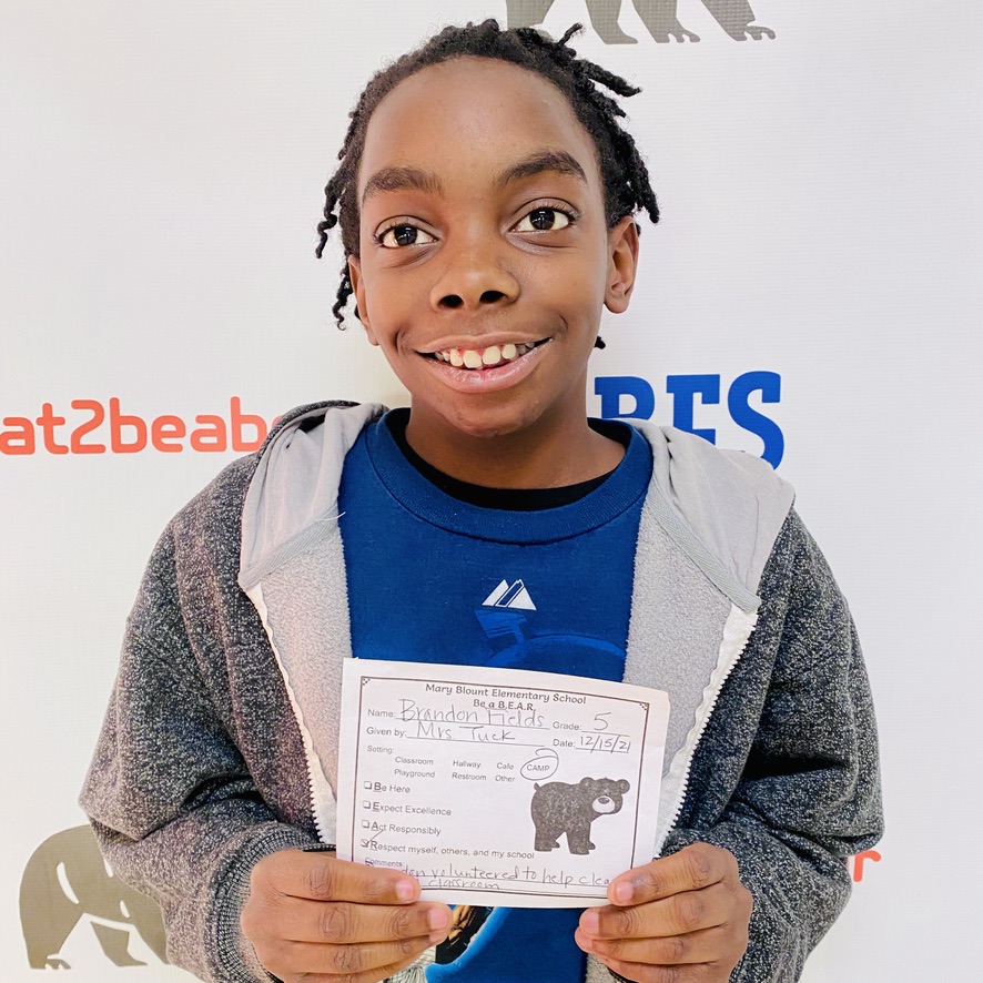 MaryBlountK5's tweet photo. Congratulations to 5th grader, Brandon Fields, for earning a #bearpaw 🐾  Brandon respected others and his school when he volunteered to help clean up Mrs. Tuck’s classroom.  Way to be a B.E.A.R, … Great job, Brandon!  #waytogobears🐻 #great2beabear https://t.co/AMPrug5hVP