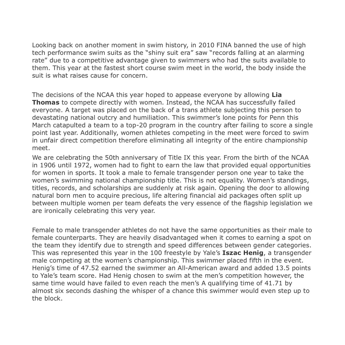 kylesockwell's tweet photo. University of Arizona Swimmers write letter to the @NCAA on Lia Thomas and this year's Women's Swimming Championships.

"It’s hard to express the anguish the women’s swim community has experienced this past week watching the 2022 NCAA Swim &amp; Dive Championships" https://t.co/t9EeWF3AX7