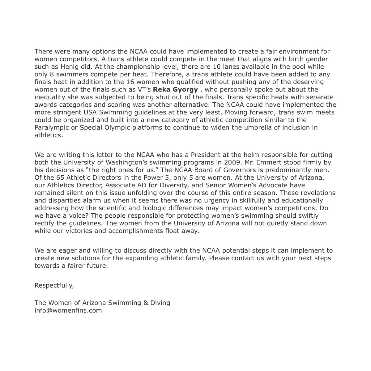 kylesockwell's tweet photo. University of Arizona Swimmers write letter to the @NCAA on Lia Thomas and this year's Women's Swimming Championships.

"It’s hard to express the anguish the women’s swim community has experienced this past week watching the 2022 NCAA Swim &amp; Dive Championships" https://t.co/t9EeWF3AX7
