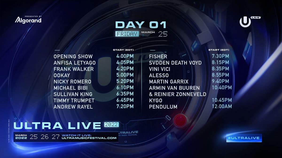 Tune in to Day 1 of Ultra Miami on #ULTRALIVE presented by <a href="/Algorand/">Algorand Technologies</a>!