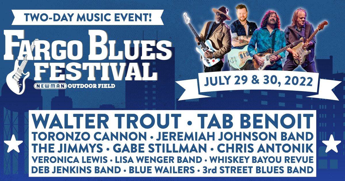 Fargobluesfest's tweet photo. IT's OFFICIAL...the 2022 Fargo Blues Festival lineup is...Walter Trout · Tab Benoit · Toronzo Cannon · Jeremiah Johnson Band · The Jimmys · Gabe Stillman · Chris Antonik · Veronica Lewis · Lisa Wenger Band · Deb Jenkins Band · Blue Wailers · 3rd Street Blues Band! https://t.co/Ck2U9kJ2JQ