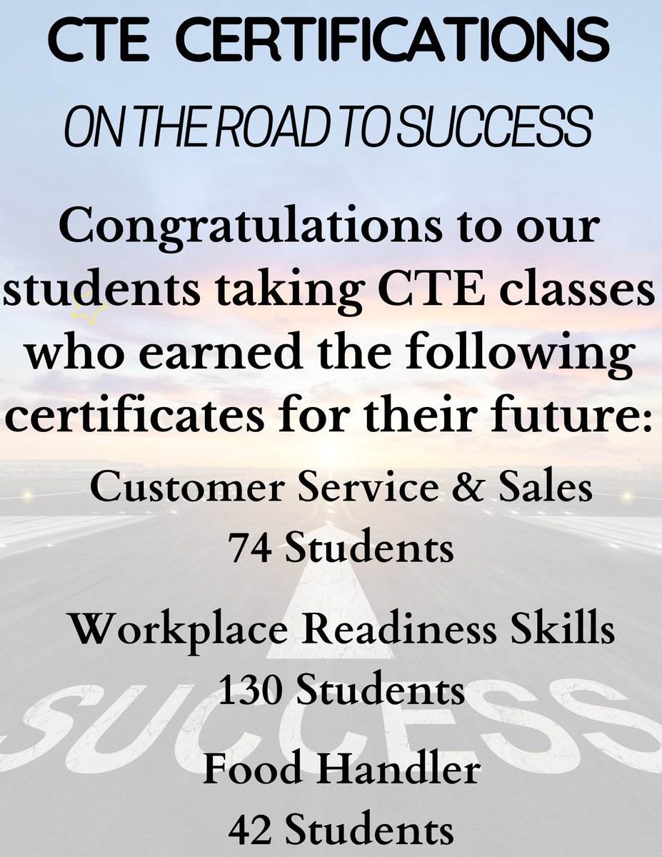 Congratulations to CTE students for their accomplishments!  

Certifications are the first step to a successful career path!