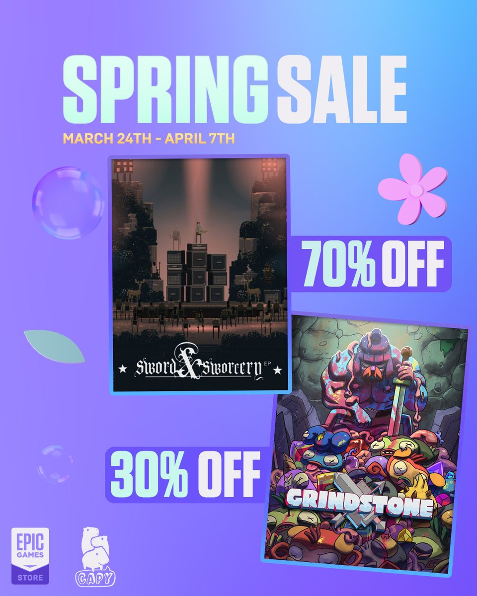 The 🌺SPRING SALE 🐇is on at the <a href="/EpicGames/">Epic Games Store</a> Store!

Grindstone is 30% off, and Superbrothers: Sword &amp; Sworcery is 70% off, now through April 7th!