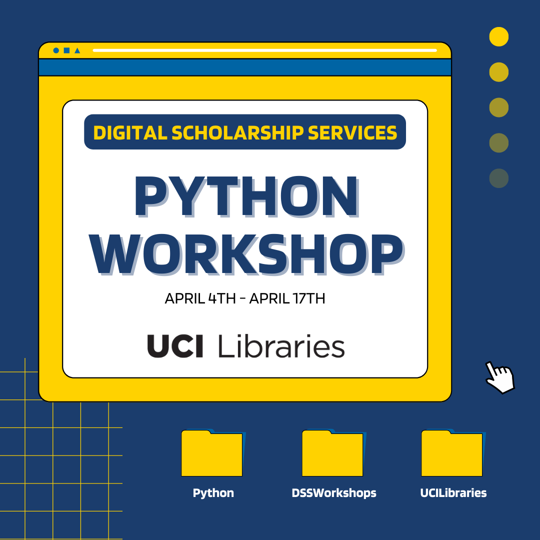 ucilibraries's tweet photo. Learn Python this spring at UCI Libraries! This 2-week asynchronous course includes two Carpentry-based workshops that cover how to solve problems by building functions using plotting as a motivating example. 💻👩‍💻

Learn more: https://t.co/SK31U9D1B6

#UCILibraries #ucilibdss https://t.co/q7aw905iE9