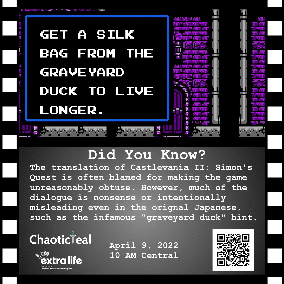 ChaoticTeal_EL's tweet photo. The next event is two weeks away, on April 9th! #ExtraLife #ChangeKidsHealth #Castlevania https://t.co/TShgEdN5cV