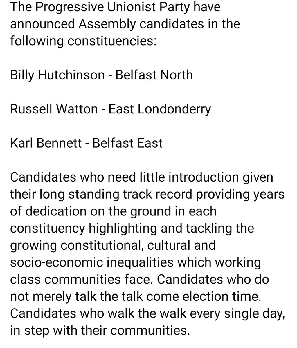 OfficialPUP's tweet photo. The Progressive Unionist Party have announced Assembly candidates in the following constituencies:

Billy Hutchinson - Belfast North 

Russell Watton - East Londonderry

Karl Bennett - Belfast East

Read full statement below: https://t.co/joMIFTSsI1