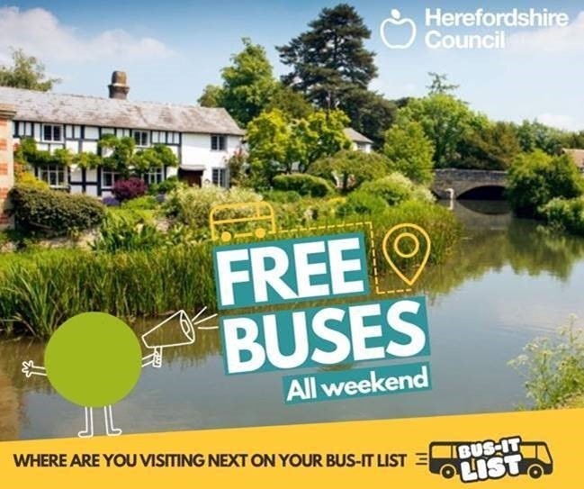 _TalkCommunity's tweet photo. Free weekend bus travel is still taking place across the county! Simply hop on &amp; off any bus, as many times as you like (provided that the entire journey is within the county). 

#Herefordshire #TalkCommunity #HerefordshireBuses #TravelHerefordshire #VisitHerefordshire https://t.co/xmO4sCwcsl